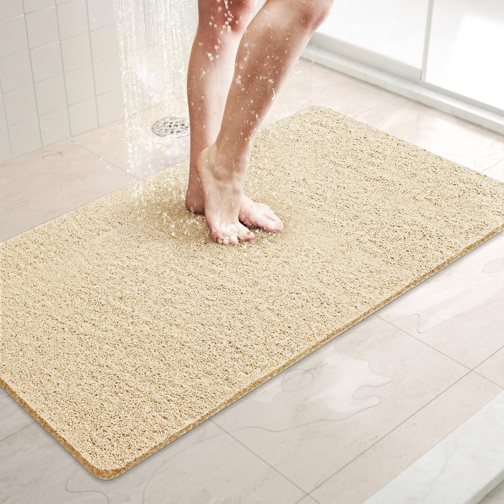 LuxStep Shower Mat Bathtub Mat,32x16 inch, Non-Slip Bath Mat with Drain, Quick Drying PVC Loofah Bathmat for Tub,Shower,Bathroom,Khaki