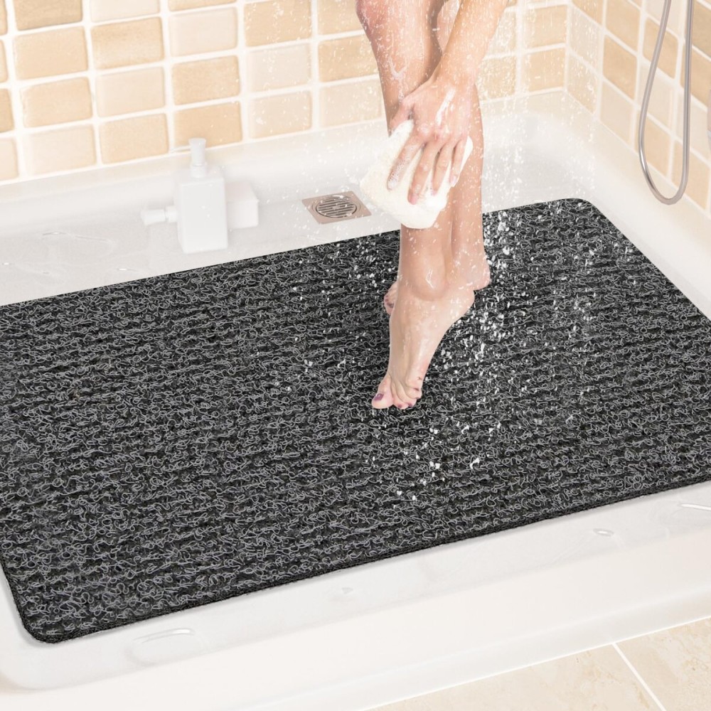 LuxStep Shower Mat Bathtub Mat,24x36 inch, Non-Slip Bath Mat with Drain, Quick Drying PVC Loofah Bathmat for Tub,Shower,Bathroom,Black