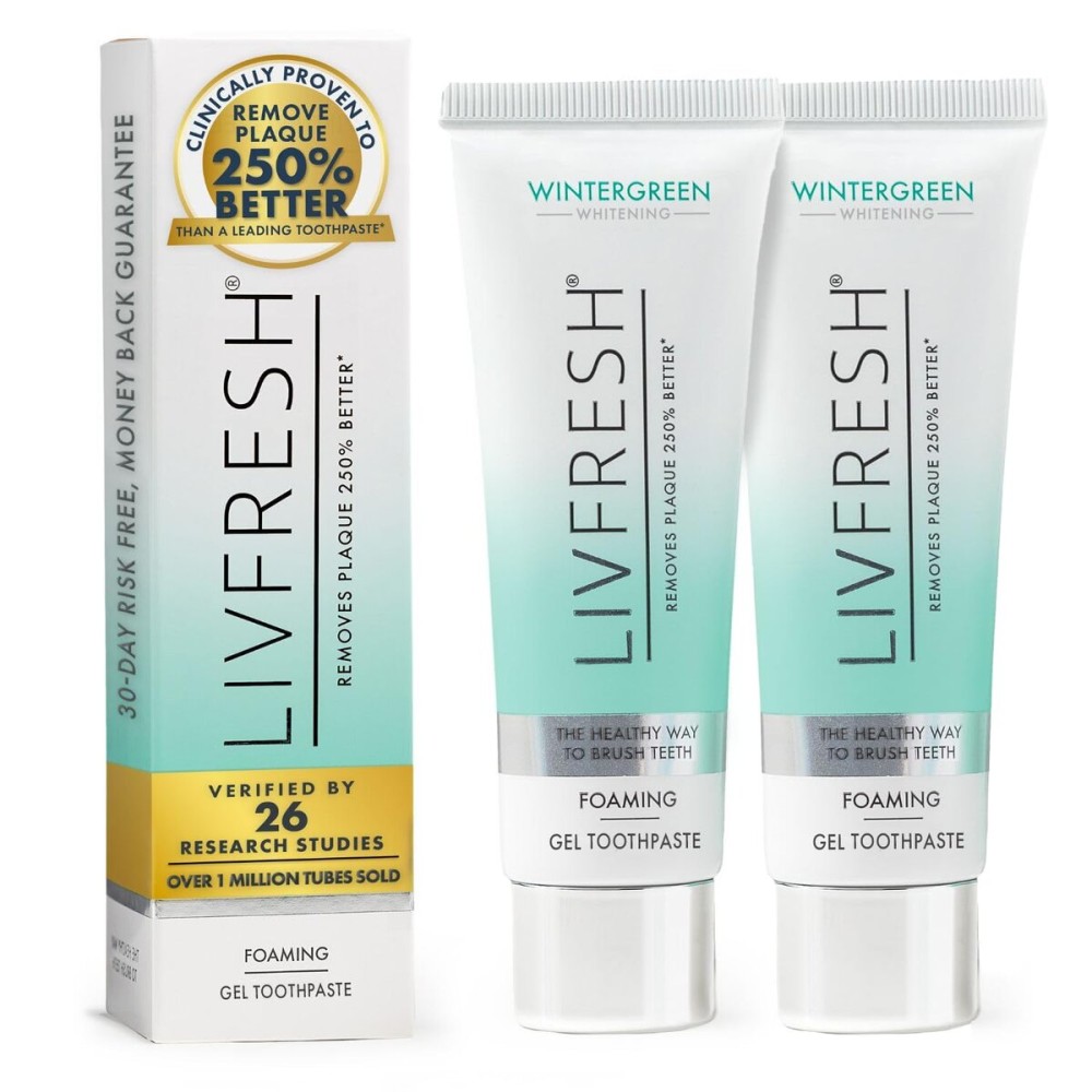 LIVFRESH Toothpaste Gel, Clinically Proven to Remove Plaque 250% Better, Improves Gum Health 190% Better, Prevents & Reduces Tartar, Freshens Breath, SLS Free Dental Gel, Wintergreen, 2 Pack