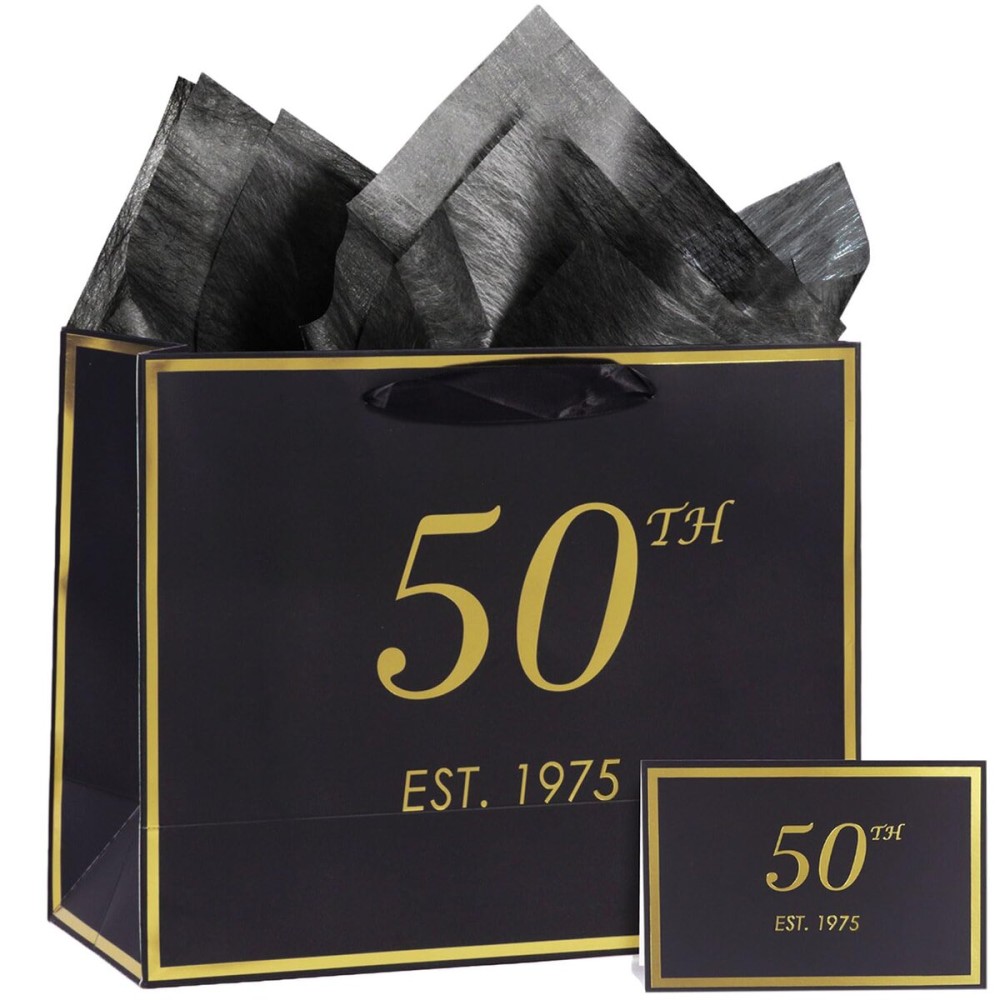 momoake 50th Birthday Gift Bag with Card and Tissue Paper for Men Women Him, 1975 50 Year Old 13 Elegant Black Gold Anniversary Keepsake Party Present Shopping Paper Bags for Gifts Wrapping