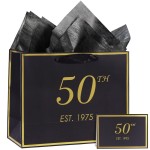 momoake 50th Birthday Gift Bag with Card and Tissue Paper for Men Women Him, 1975 50 Year Old 13 Elegant Black Gold Anniversary Keepsake Party Present Shopping Paper Bags for Gifts Wrapping