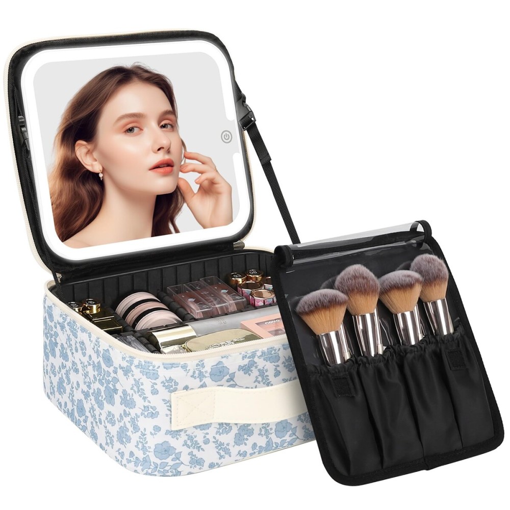 Chomeiu Makeup Bag with LED Mirror, Cute Cosmetic Bags Birthday Gifts for Girls Women, Makeup Train Case Artists Organizer Large Make Up Bags with Light Up Mirror 3 Color Lights, Floral Print