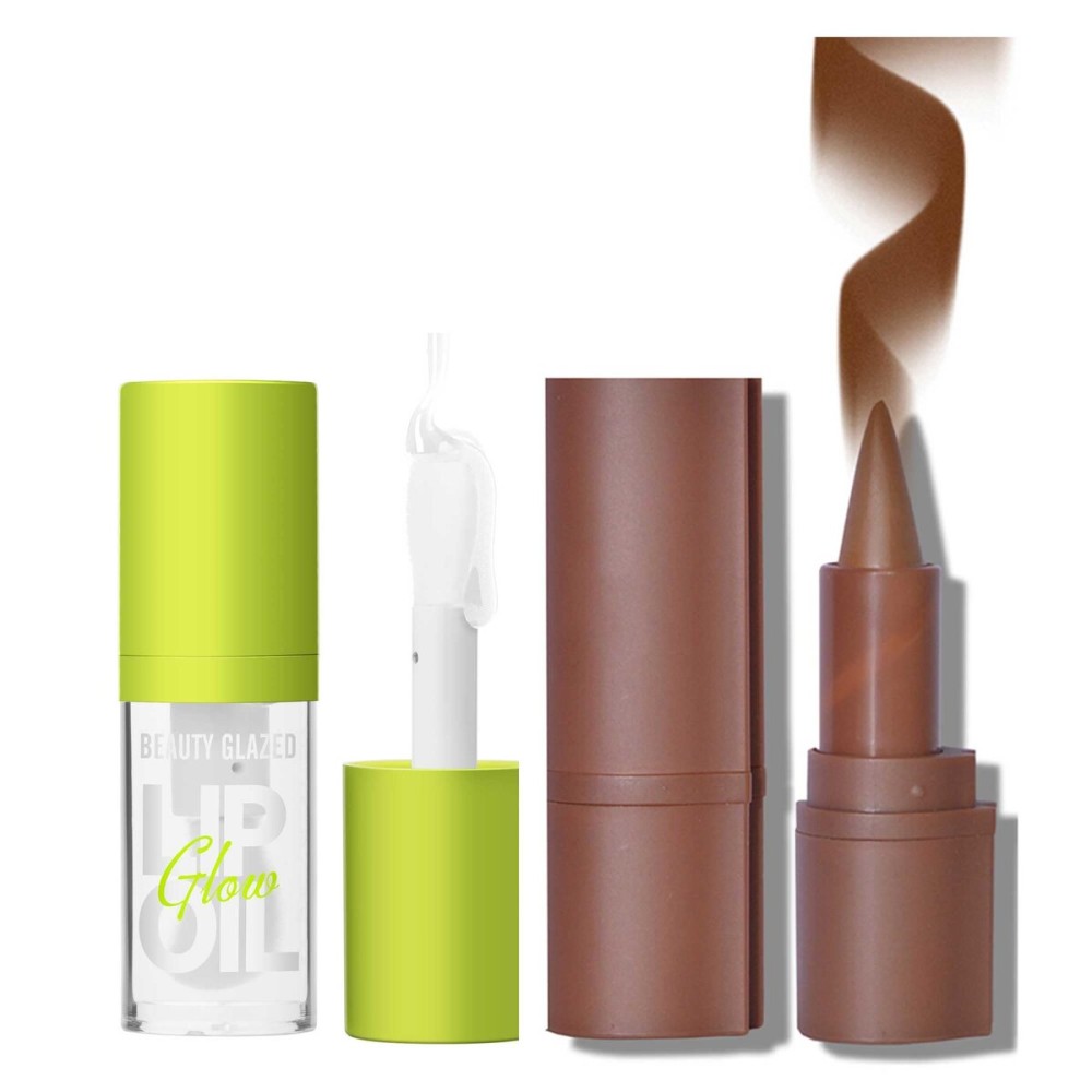 Beauty Glazed 2Pcs Lip Oil and Lip Liner Set, Gradient Brown Lip Liner and Lipstick Lip Combo Set, Smooth Glossy Finish Lip Glow Oil for Black Women (2, Coffee Bean Set)