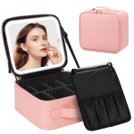 Chomeiu Makeup Bag with LED Mirror, Cute Cosmetic Bags Birthday Gifts for Girls Women, Makeup Train Case Artists Organizer Large Make Up Bags with Light Up Mirror 3 Color Lights, Pink 2