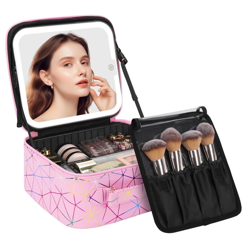 Chomeiu Makeup Bag with LED Mirror, Cute Cosmetic Bags Birthday Gifts for Girls Women, Makeup Train Case Artists Organizer Large Make Up Bags with Light Up Mirror 3 Color Lights, Pink Geometry