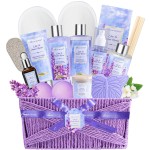 Gift baskets for women, 15Pcs Lilac Women Bath Gift Baskets w/Body Mist, Diffuser, Bath Bomb. Unique Relaxing Spa Gift Basket Set, Mothers Day Gifts for Mom Wife Grandma Daughter Friends Sister