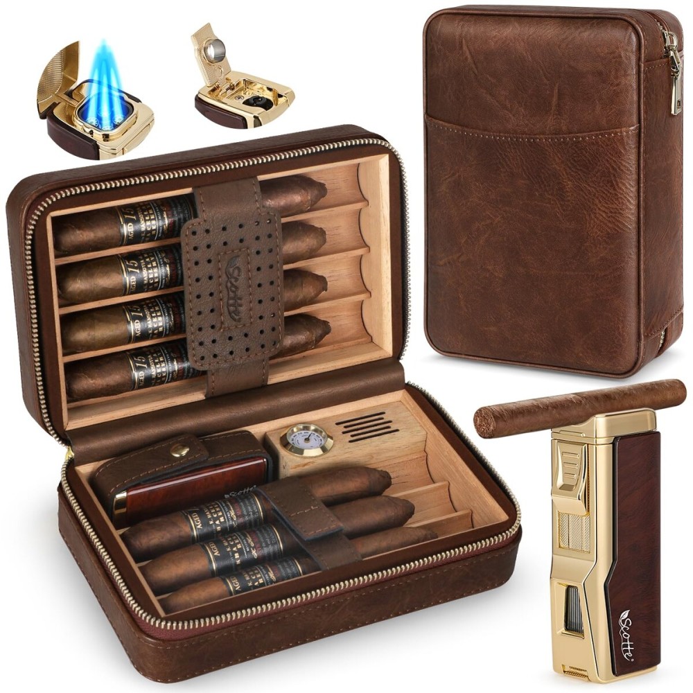 Scotte Cigar Humidor Box, Cigar Lighter Cedar Wood Lined Leather Cigar Case Built in Hygrometer & Humidifier, Torch Lighter with Cigar Holder Cigar Punch Portable Travel Cigar Humidor (Smooth Brown)