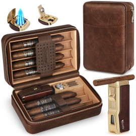 Scotte Cigar Humidor Box, Cigar Lighter Cedar Wood Lined Leather Cigar Case Built in Hygrometer & Humidifier, Torch Lighter with Cigar Holder Cigar Punch Portable Travel Cigar Humidor (Smooth Brown)