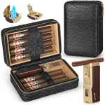 Scotte Cigar Humidor Box, Cigar Lighter Cedar Wood Lined Leather Cigar Case Built in Hygrometer & Humidifier, Torch Lighter with Cigar Holder Cigar Punch Portable Travel Cigar Humidor Kit (Black)