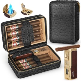 Scotte Cigar Humidor Box, Cigar Lighter Cedar Wood Lined Leather Cigar Case Built in Hygrometer & Humidifier, Torch Lighter with Cigar Holder Cigar Punch Portable Travel Cigar Humidor Kit (Black)