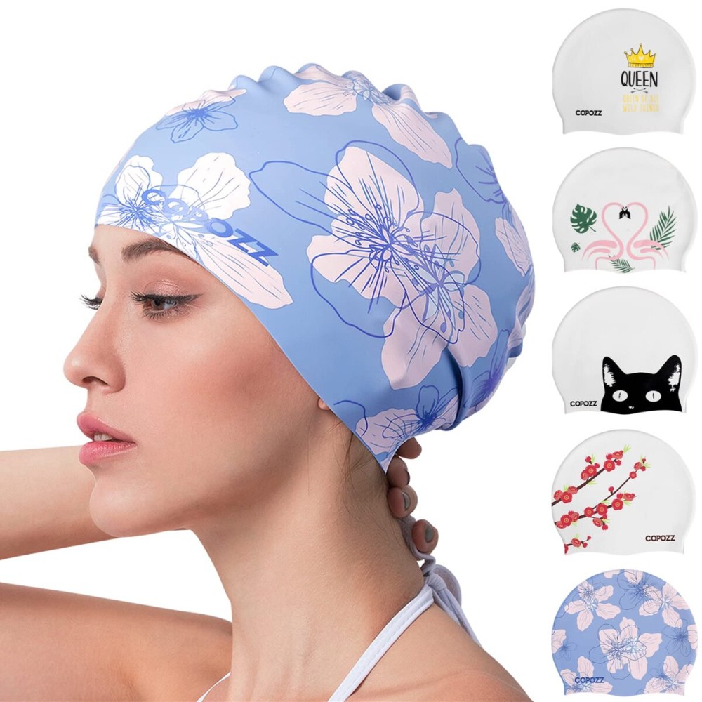 COPOZZ Adult Swim Caps, Silicone Waterproof Comfortable Swimming Cap for Women, Long and Short Hair(Blue Flower-12yrs+)