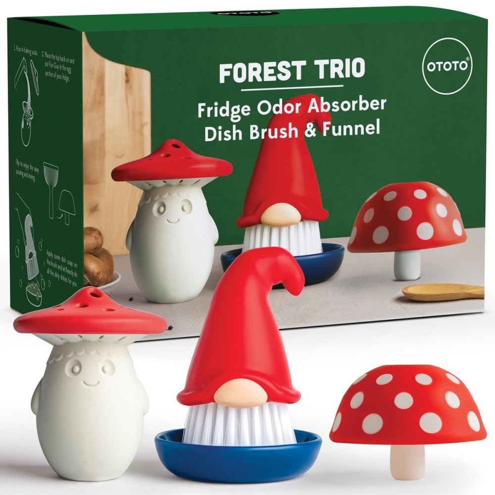 OTOTO Forest Trio Bundle of Beardy, Magic Mushroom, Fun Guy - Gnomes Dish Brush, Fungilicious Kitchen Funnel, Fridge Deodorizer, Mushroom Decor Cute Kitchen Accessories, Unique Mushroom Gnome Gifts