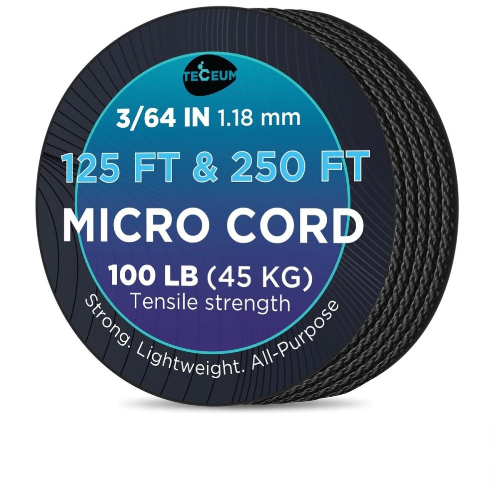TECEUM Micro Paracord - Black - 1.18 mm x 250 ft - Micro Utility Cord - Thin Braided Paracord Rope Nylon Polyester - Wind Chime Replacement - Survival Strong String 016c