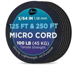 TECEUM Micro Paracord - Black - 1.18 mm x 250 ft - Micro Utility Cord - Thin Braided Paracord Rope Nylon Polyester - Wind Chime Replacement - Survival Strong String 016c