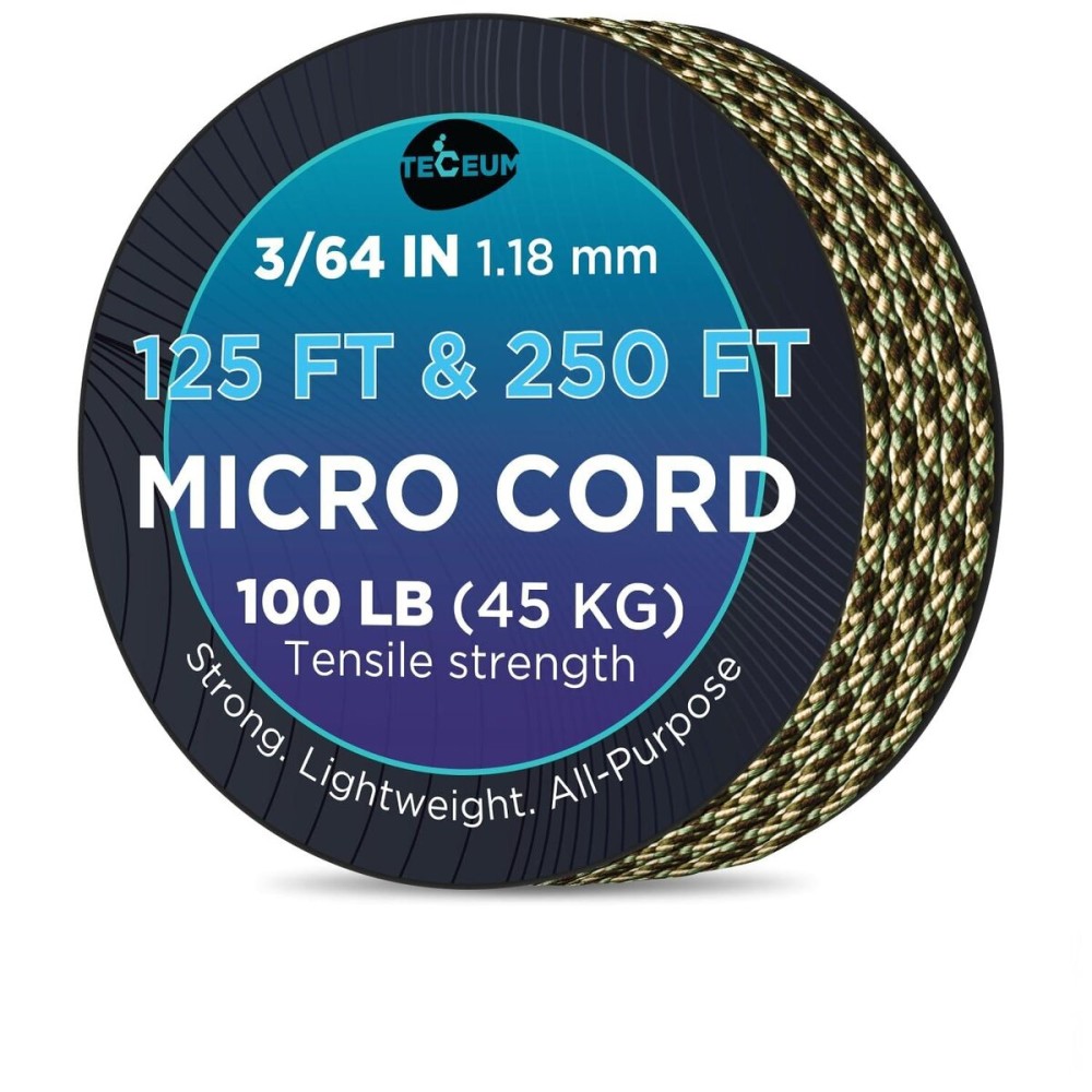 TECEUM Micro Paracord - Camo - 1.18 mm x 250 ft - Micro Utility Cord - Thin Braided Paracord Rope Nylon Polyester - Wind Chime Replacement - Survival Strong String 788c