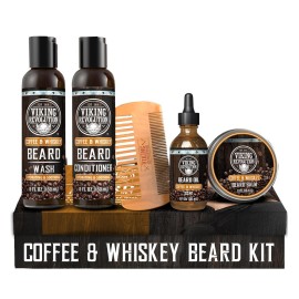 Viking Revolution Ultimate Conditioner for Men\'s Beard Grooming - Softens, Smoothes and Soothes - Contains Beard Wash and Conditioner (5oz Set), Beard Oil, Balm and Wooden Comb - Coffee Whiskey Scent