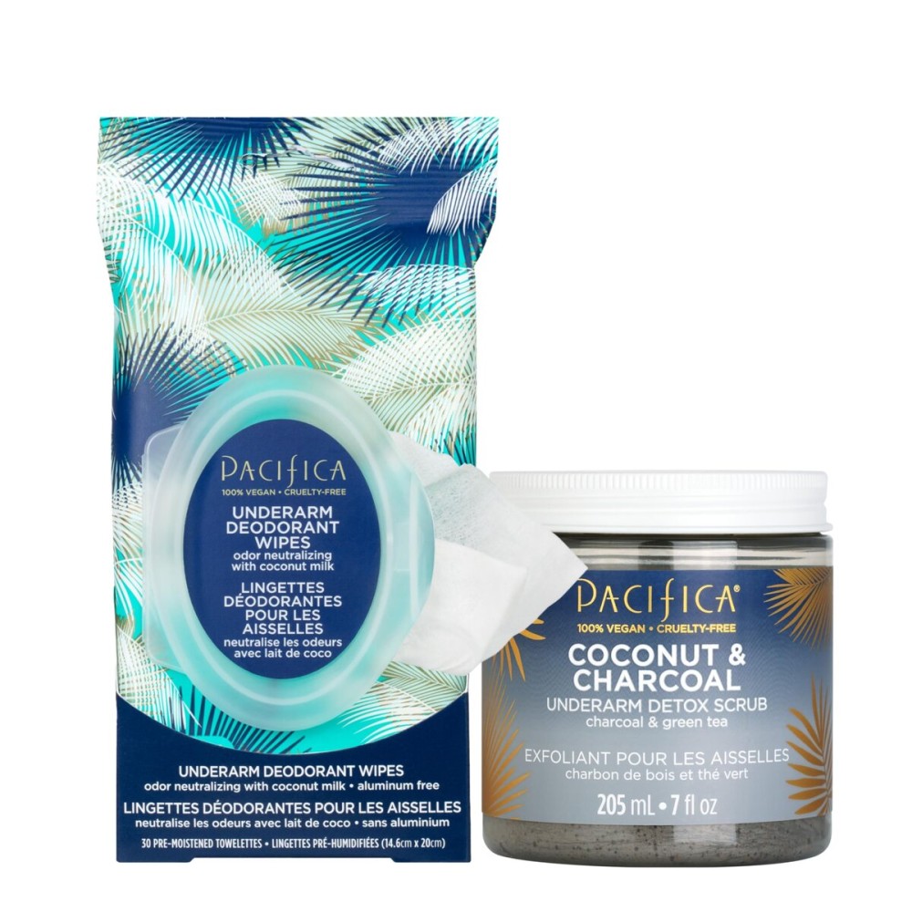 Pacifica Underarm Detox & Odor Control Bundle - Coconut & Charcoal Armpit Scrub and Coconut Deodorant Wipes, Aluminum-Free Underarm Care Set for Natural Deodorant Users