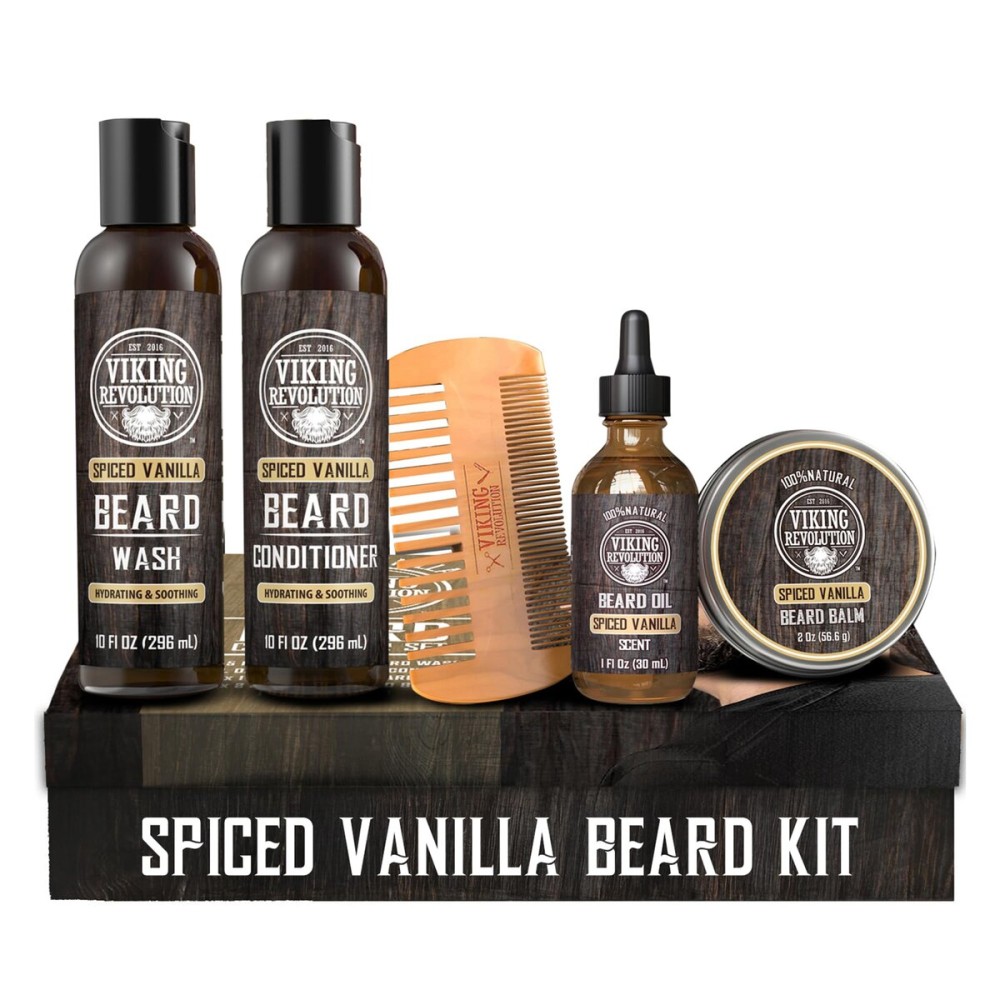 Viking Revolution Ultimate Conditioner for Men\'s Beard Grooming - Softens, Smoothes and Soothes - Contains Beard Wash and Conditioner (5oz Set), Beard Oil, Balm and Wooden Comb - Spiced Vanilla Scent