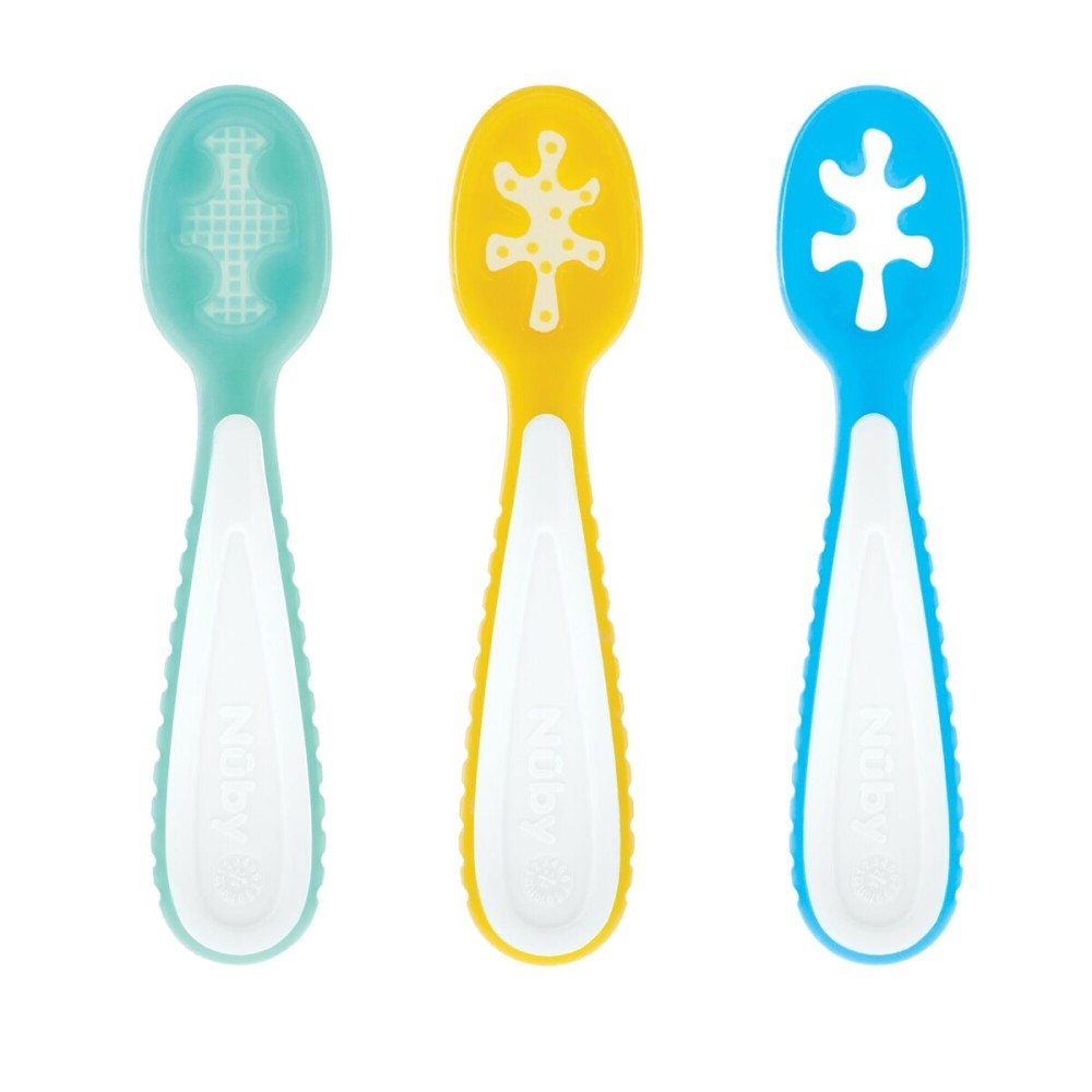 Nuby Baby\'s First Spoons Set - (3-Pack) Feeding Utensils for Babies - 6+ Months - Aqua/Yellow/Blue