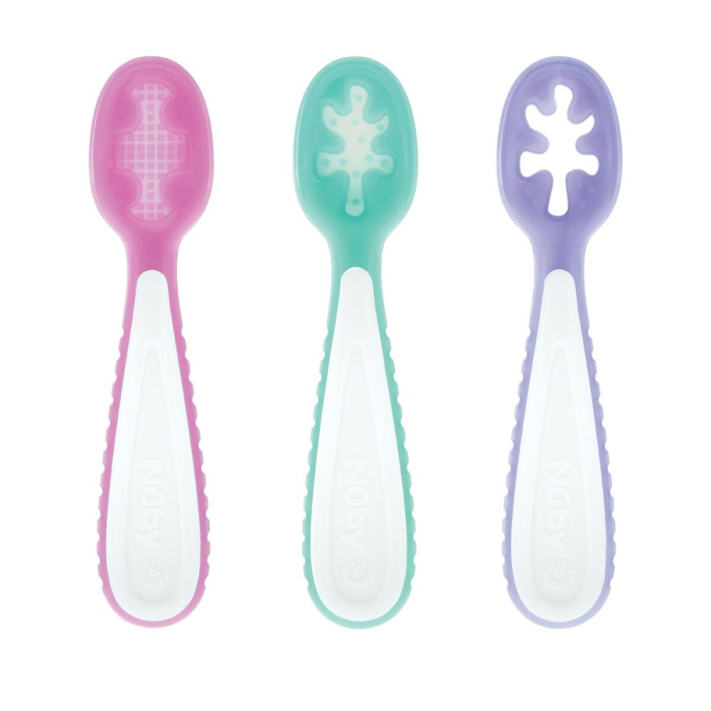 Nuby Baby\'s First Spoons Set - (3-Pack) Feeding Utensils for Babies - 6+ Months - Pink/Aqua/Purple