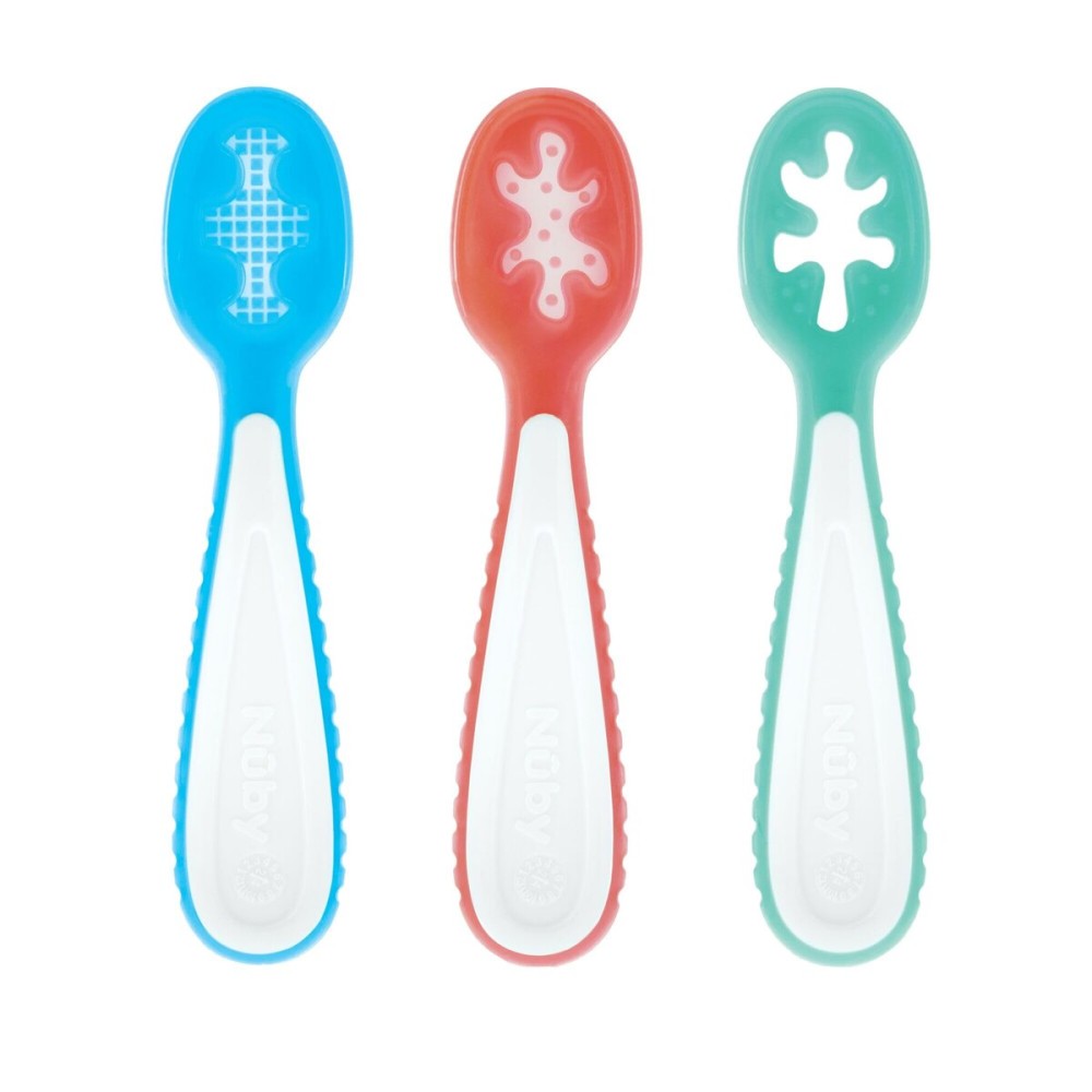 Nuby Baby\'s First Spoons Set - (3-Pack) Feeding Utensils for Babies - 6+ Months - Blue/Red/Aqua