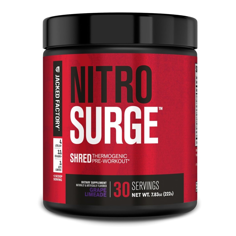 Jacked Factory NITROSURGE Shred Pre Workout Supplement - Energy Booster, Instant Strength Gains, Sharp Focus, Powerful Pumps - Nitric Oxide Booster - 30Sv, Grape Limeade