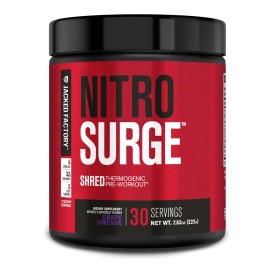 Jacked Factory NITROSURGE Shred Pre Workout Supplement - Energy Booster, Instant Strength Gains, Sharp Focus, Powerful Pumps - Nitric Oxide Booster - 30Sv, Grape Limeade