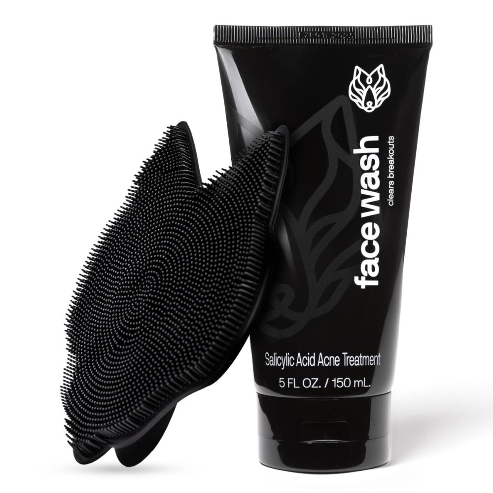 Black Wolf Charcoal Face Wash & Silicone Scrubber Set for Men - Daily Grooming & Hygiene Essentials for Mens Skin Care
