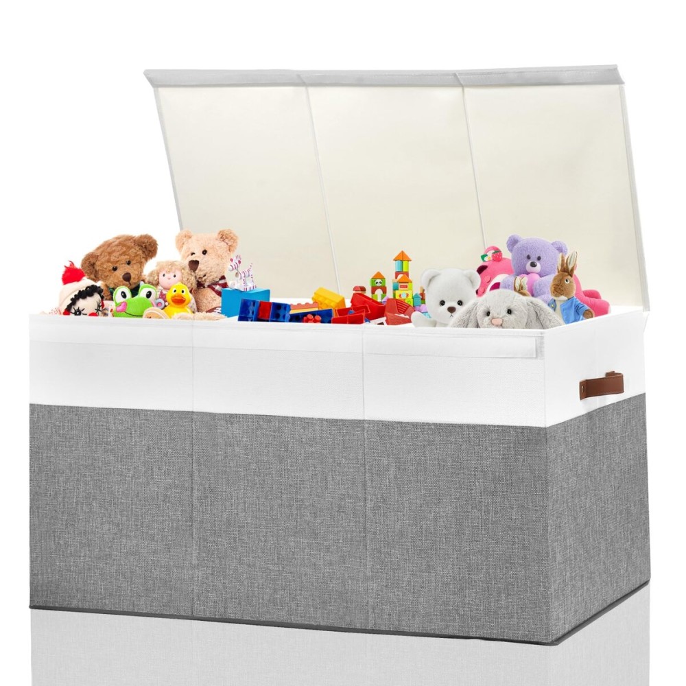 Extra Large Toy Storage Box with Lid, Sturdy Toys Storage Chest Bin Organizer Basket with Dividers for Kids, Boys, Girls, Nursery, Closet, Bedroom, Playroom 35.5x17 x17(Grey and White)