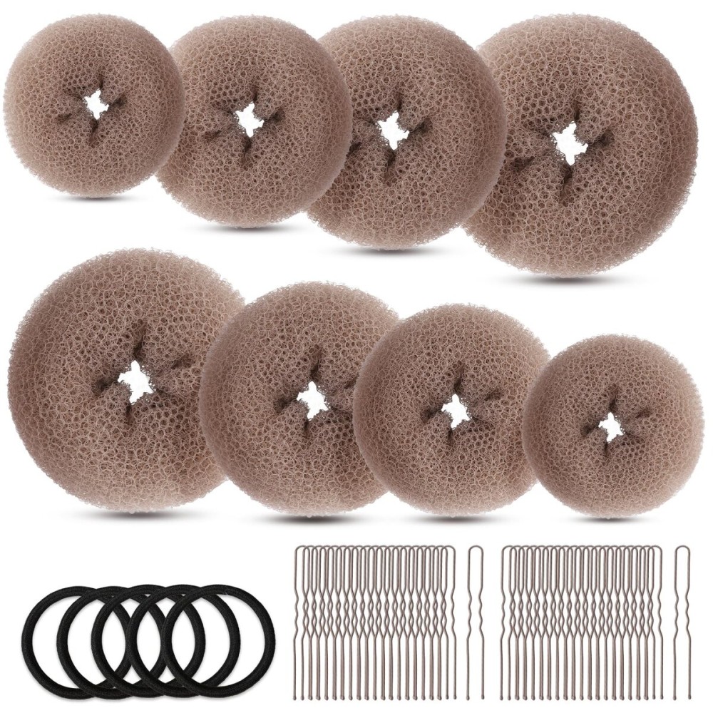 FANDAMEI Hair Bun Maker Set- 8 PCS Hair Donuts for Buns (2 Extra-large,2 Large,2 Medium and 2 Small), 40 PCS Bobby Pins, 5 PCS Hair Elastic Ties Black,Bun Maker - Tan Brown