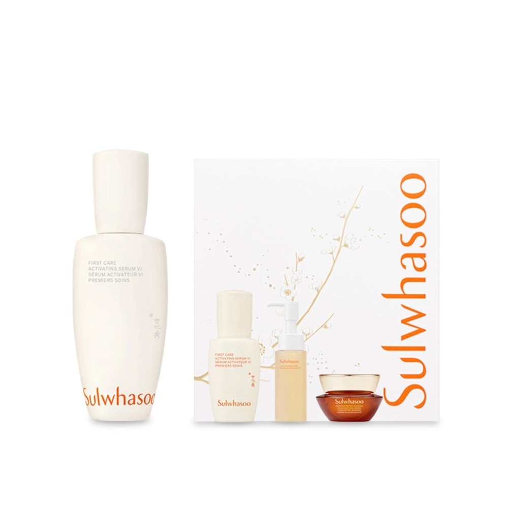 Sulwhasoo First Care Activating Serum Set Holiday 2025- A four-piece gift set featuring First Care Activating Serum, plus a mini cleanser, and anti-aging Concentrated Ginseng Rejuvenating Cream.