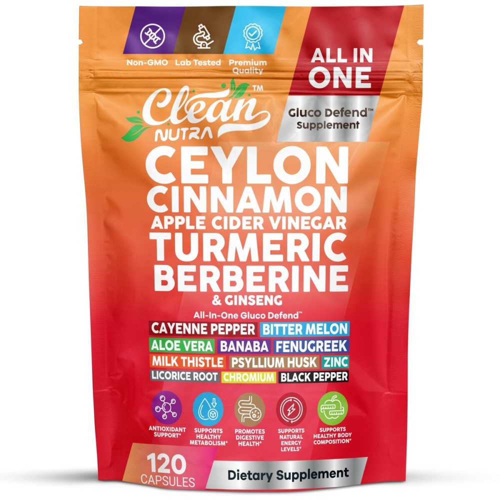 Ceylon Cinnamon Capsules + Apple Cider Vinegar Turmeric Berberine Supplement Ginseng Cayenne Pepper Bitter Melon Aloe Vera Fenugreek Milk Thistle Chromium 120 Pills Gluco Defend by Clean Nutra