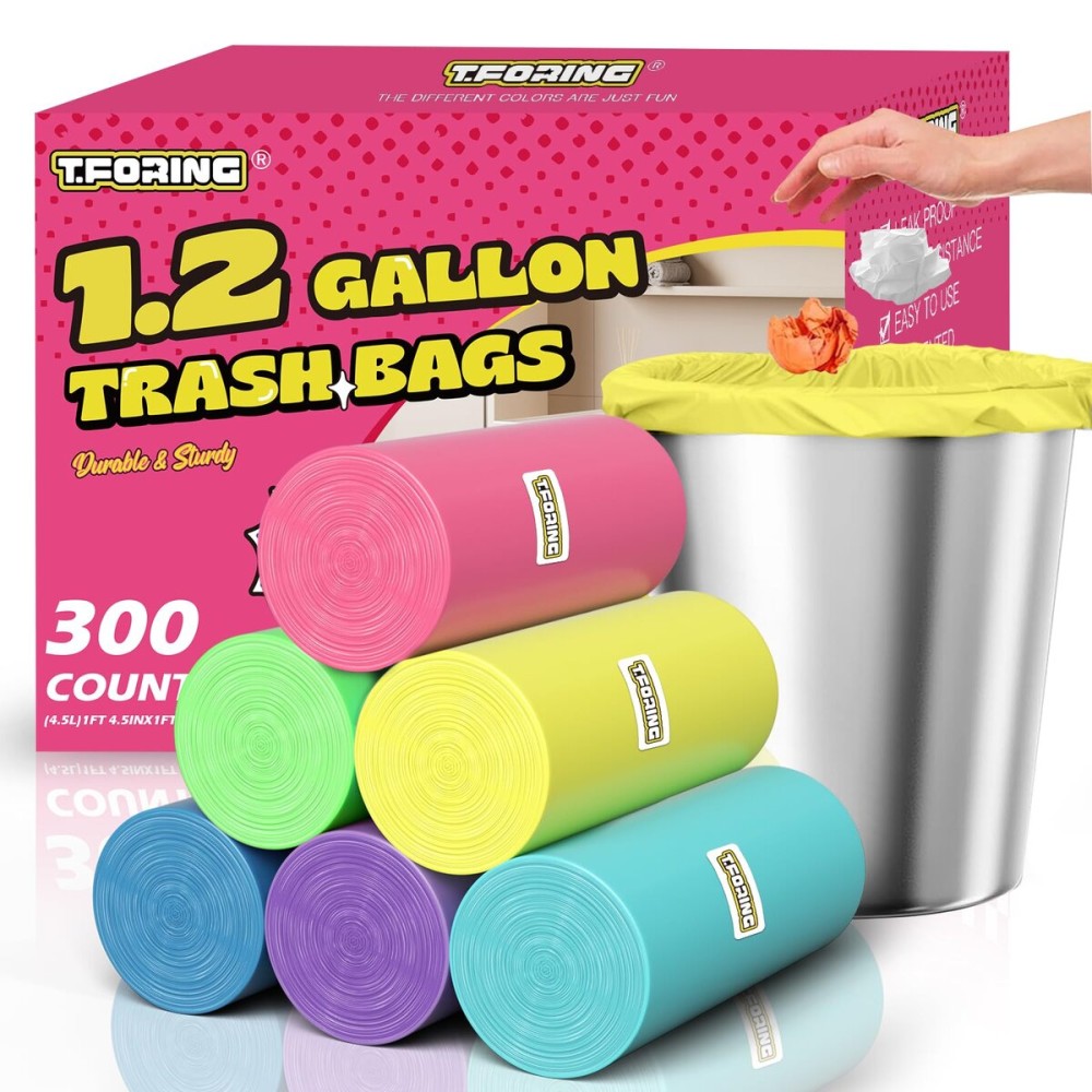T.FORING 300 Count 1.2 Gallon Trash Bags - 4.5 Liter Colored Small Garbage Bags Unscented Mini Can Liners Leakproof & Tear Resistant for Bathroom, Office, Home