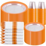 I00000 350 Pcs Clear Orange Plates for 50 Guests, Orange Disposable Plates Set Include 10 Dinner Plate, 7 Dessert Plate, 50 Cups, 50 Pre Rolled Napkins with Cutlery Set for Party and Wedding
