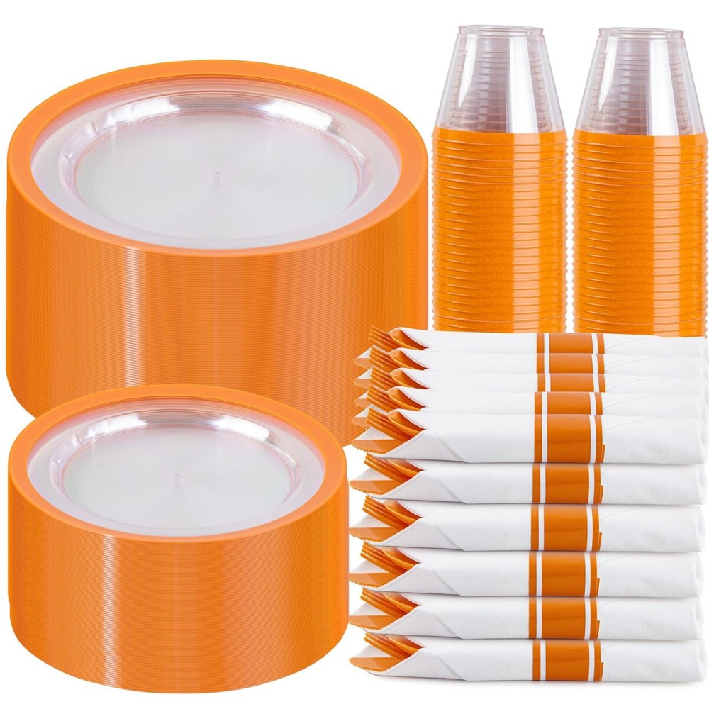 I00000 210 Pcs Clear Orange Plates for 30 Guests, Orange Disposable Plates Set Include 30 10 Dinner Plate,30 7 Dessert Plate, 30 Cups, 30 Pre Rolled Napkins with Cutlery Set for Party and Wedding