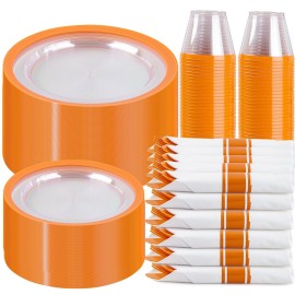I00000 210 Pcs Clear Orange Plates for 30 Guests, Orange Disposable Plates Set Include 30 10 Dinner Plate,30 7 Dessert Plate, 30 Cups, 30 Pre Rolled Napkins with Cutlery Set for Party and Wedding
