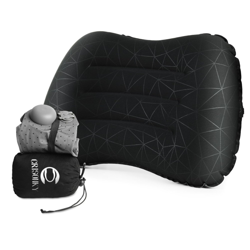 Camping Pillow with Built-in Pump - Inflatable Pillows - Travel Pillows for Backpacking & Airplane, Lumbar Support Blow Up & Press to Inflate Pillow, Compressible, Comfortable Pillow(Black w/Pump)