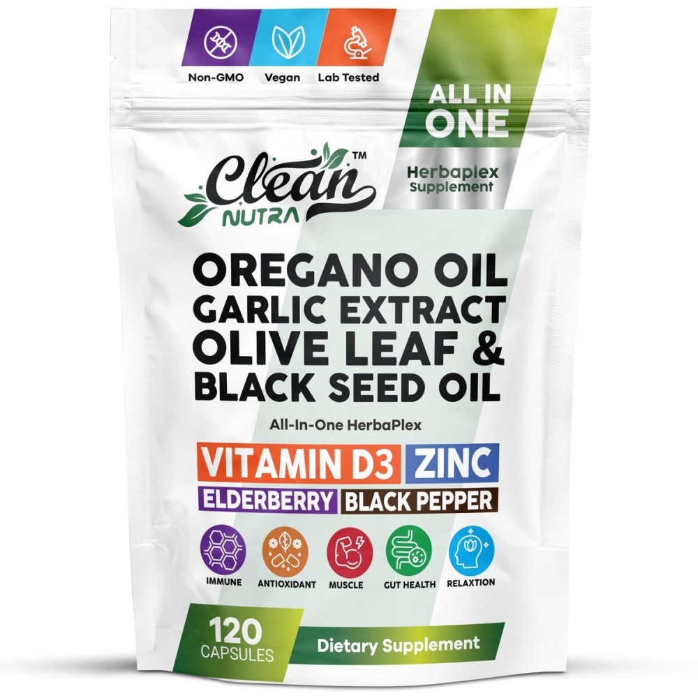 Herbaplex Immune Support Supplement Vitamin D Zinc Gluconate Oregano Oil Extract Black Cumin Garlic Olive Leaf Extract Elderberry Black Pepper 120 Immunity Blend Capsules by Clean Nutra
