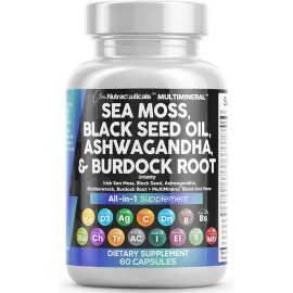 Clean Nutraceuticals Sea Moss Black Seed Oil Ashwagandha Turmeric Bladderwrack Burdock & Vitamin C Vitamin D3 with Elderberry Manuka Dandelion (120 Count (Pack of 1))