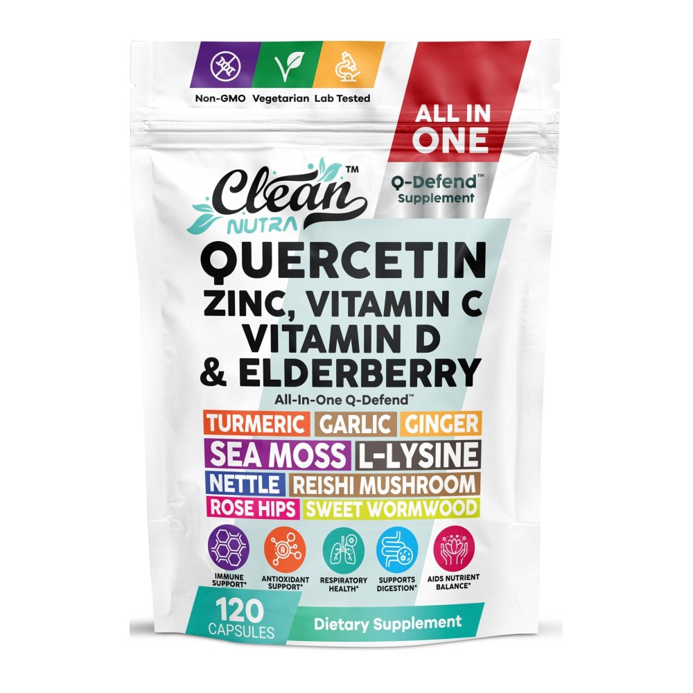 Q Defend Immune Support Supplement Quercetin Zinc Vitamin C Vitamin D Elderberry Turmeric Black Pepper Garlic Ginger Sea Moss Lysine Stinging Nettle Reishi Mushroom 120 Capsules by Clean Nutra