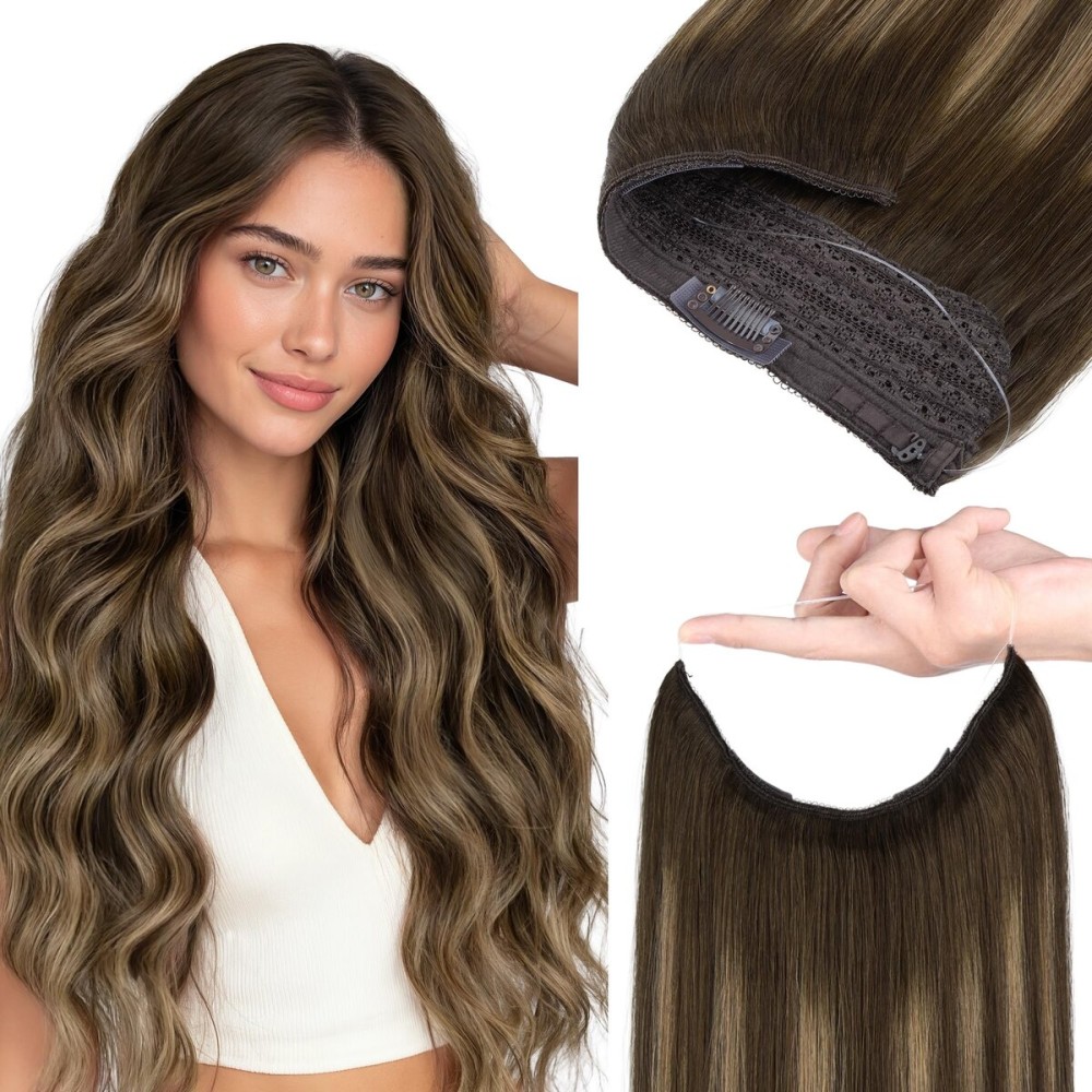 GOO GOO Wire Hair Extensions Human Hair, 4/27/4 Balayage Chocolate Brown to Caramel Blonde 18inch 95g, Invisible Wire Hair Extensions with Transparent, Seamless Adjustable Fish Line Hairpiece