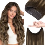 GOO GOO Wire Hair Extensions Human Hair, 4/27/4 Balayage Chocolate Brown to Caramel Blonde 18inch 95g, Invisible Wire Hair Extensions with Transparent, Seamless Adjustable Fish Line Hairpiece