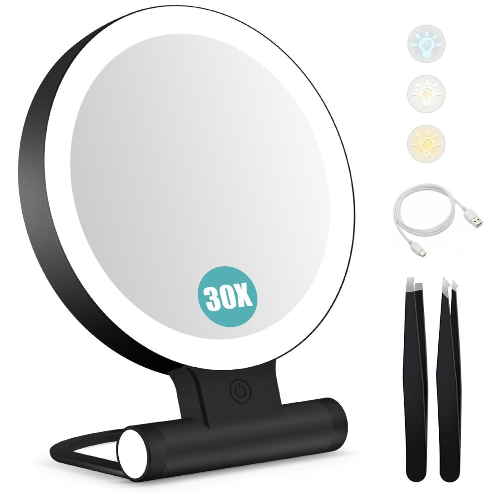 B Beauty Planet Magnifying Mirror with Light 30X, Double-Sided 1X/ 30X Magnifying Makeup Mirror with Tweezer, 2000mAh 3 Colour Modes with Adjustable Brightness,Foldable Compact Travel Mirror(Black)