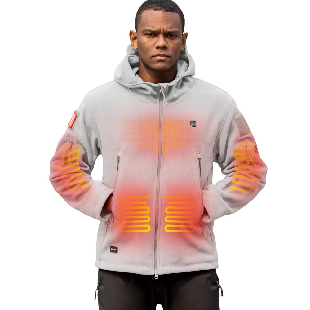 DEWBU Heated Jacket Polar Fleece with 12V Battery Pack Soft Fleece Electric Heating Hoodie for Men, Heather Grey, 3XL