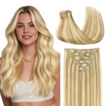 GOO GOO Clip in Hair Extensions Real Human Hair, Remy Human Hair Extensions Clip ins for Women, Natural Human Hair, 12inch 85g 7Pcs, 18D/22F Dirty Blonde Highlights