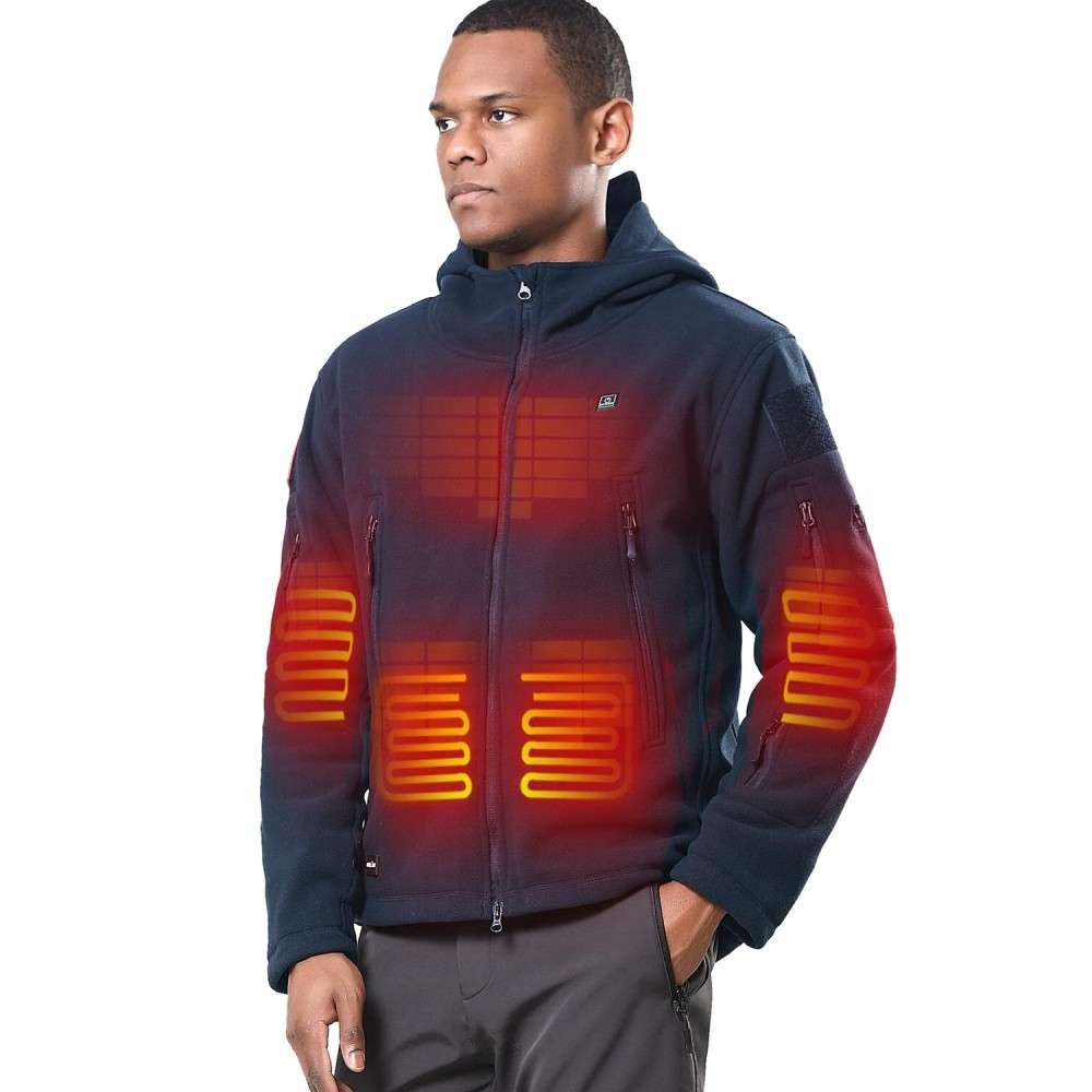 DEWBU Heated Jacket Polar Fleece with 12V Battery Pack Soft Fleece Electric Heating Hoodie for Men, Navy Blue, L