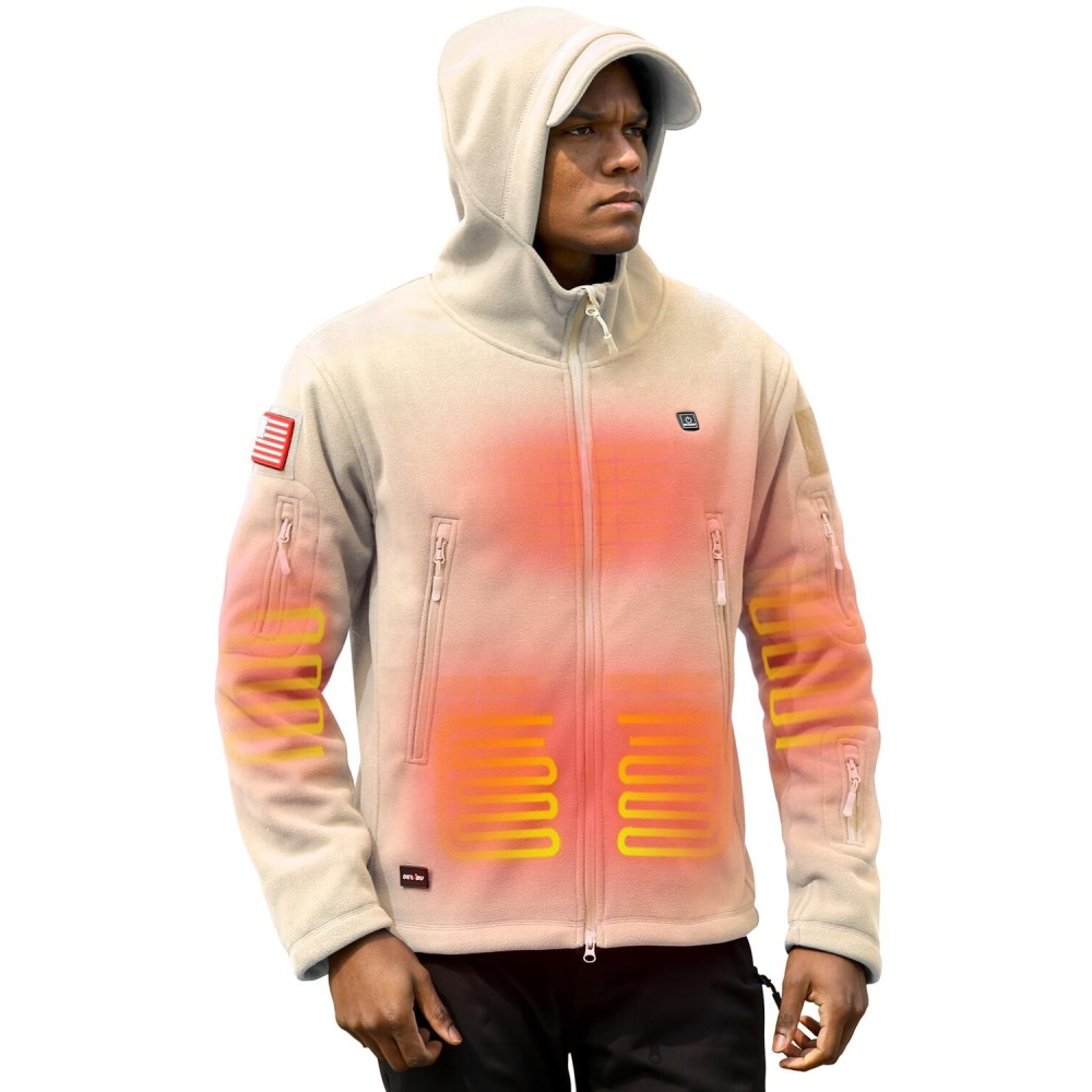 DEWBU Heated Jacket Polar Fleece with 12V Battery Pack Soft Fleece Electric Heating Hoodie for Men, Almond, S