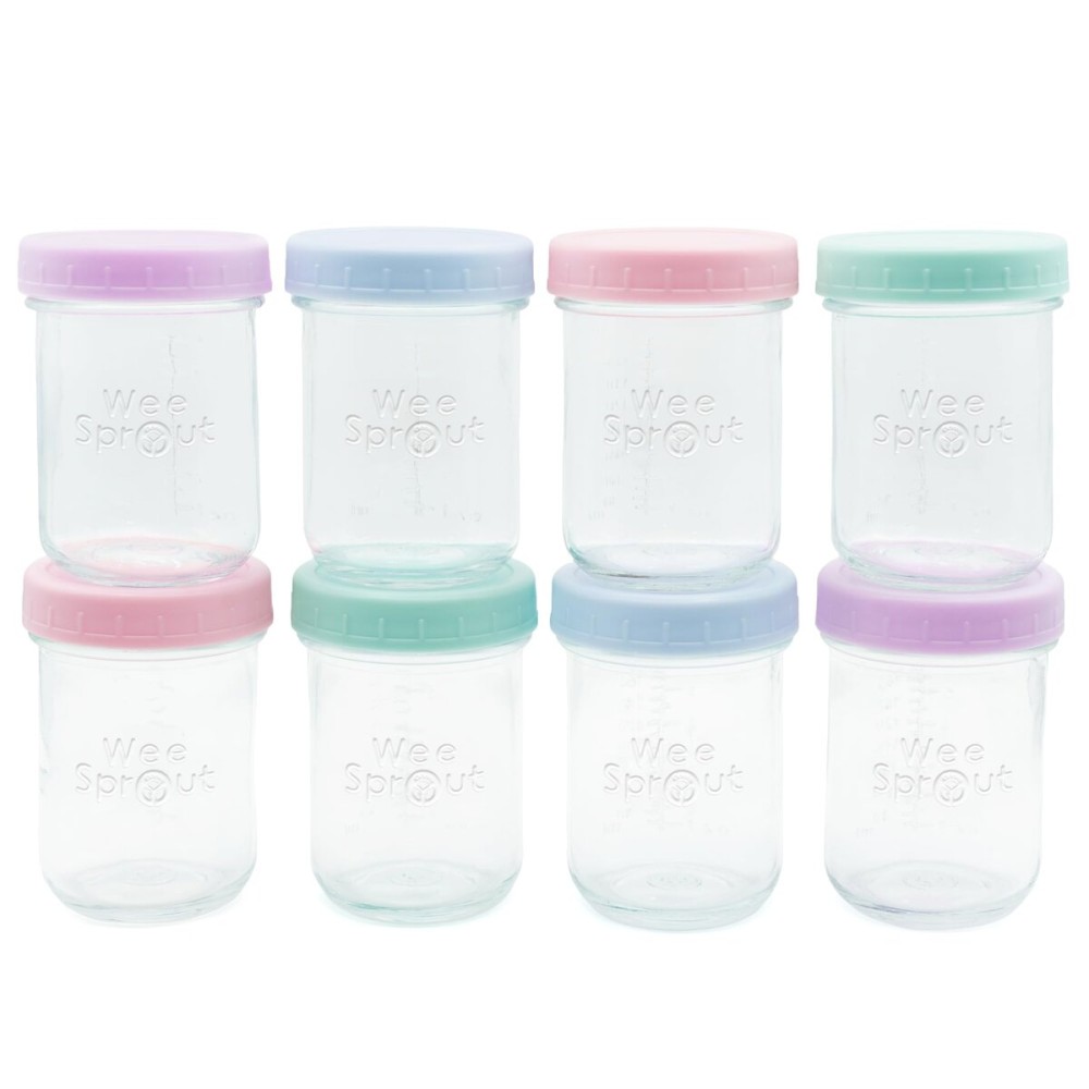 WeeSprout Baby Food Storage Glass Jars w/Lids (8 oz, 8 Pack) Pastel Variety, Snack, Reusable Small Containers, Fridge or Freezer, Microwave & Dishwasher Safe, Essentials for Infants