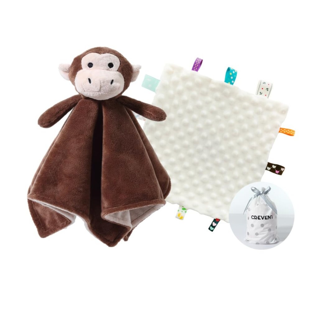 CREVENT Cozy Plush Baby Security Blanket, Loveys for Baby Girls and Boys, Birthday (Monkey+Tag)