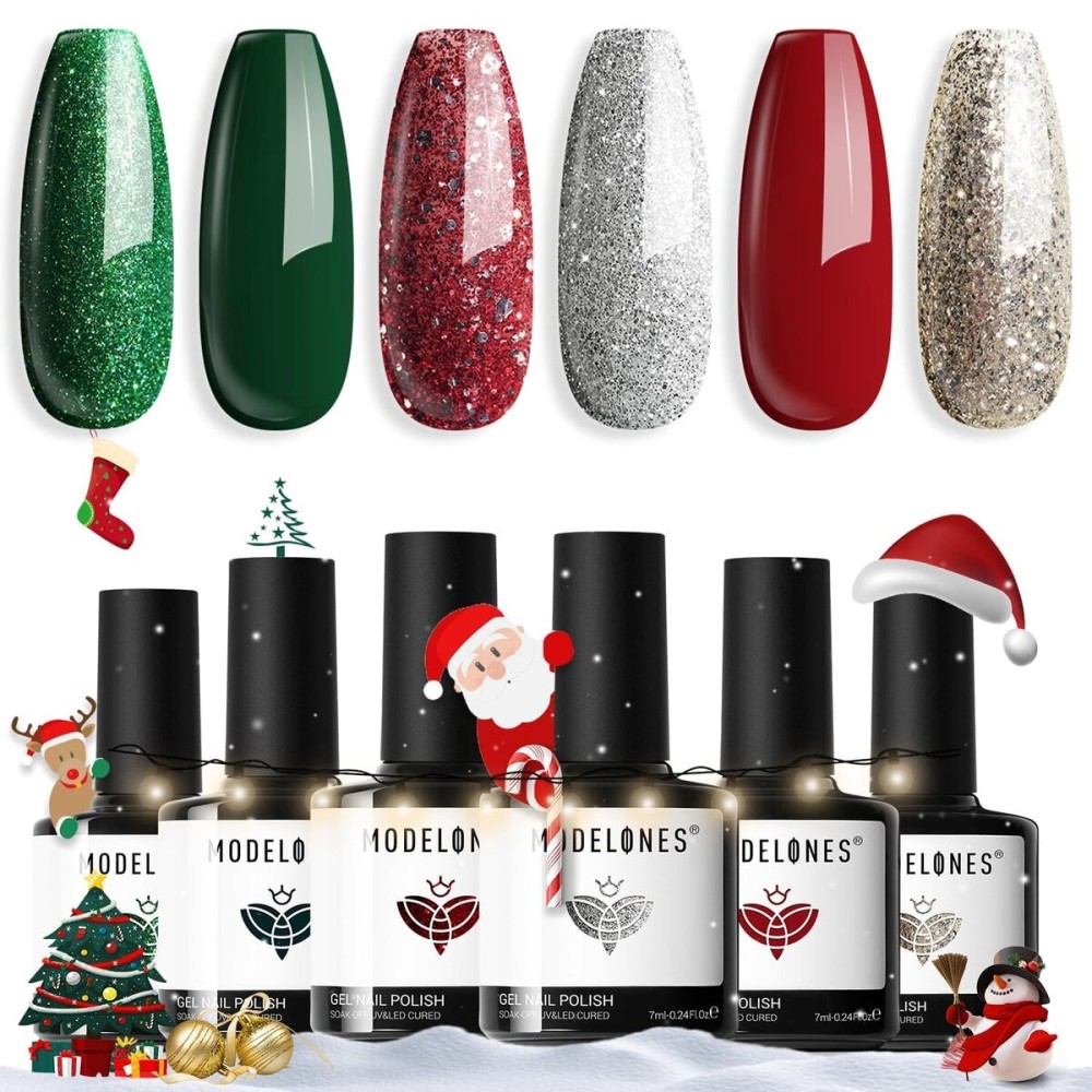 Modelones Christmas Gel Nail Polish Set, 6 Colors 2025 Winter Sparkle Dark Green Red Silver Champagne Rose Gold Glitter Gel Polish Kit New Year Soak Off Nail Art Manicure Salon DIY Home Gift